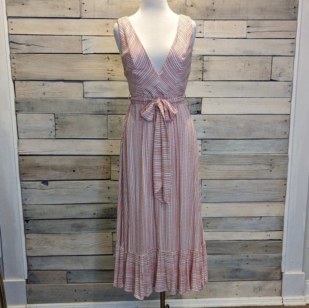 🤍🧡 Indikah 100% Rayon Deep V Sleeveless Patterned Midi Dress, 8